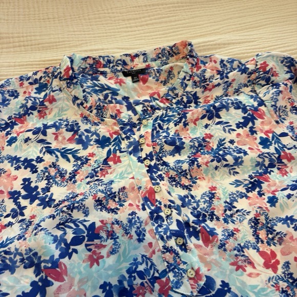 Talbots Blouse Ruffle Trim Popover Too Women's Sz 3X Plus Blue Pink Floral Sheer - Picture 3 of 9